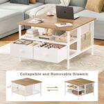 FABATO Flip Top Coffee Table, Square Coffee Table Metal Wood, Farmhouse Lift Up Coffee Tables Cocktail Table with Wire Mesh Barn Door and Storage, Steel Frame, Small Tea Table for Living Room, White - Image 5