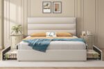 Lifezone Queen Bed Frame with Storage Drawers, Queen Size Platform Bed Frame with Velvet Upholstered Headboard, Metal Support, No Box Spring Needed, Noise-Free, Easy Assembly, Bedroom Furniture, Beige - Image 8