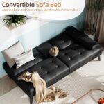 Shintenchi Futon Sofa Bed, Leather Foldable Couch, Reclining Sleeper w/Removable Armrests, Upholstered Loveseat w/Folding Cup Holders for Home, Office, Black - Image 5