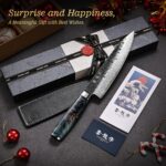 Japanese Chef Knife, 8 Inch Damascus Kitchen Knife with VG10 Steel Core, Professional Black Forged Kitchen Knives with Ergonomic Handle, Leather Sheath & Luxury Gift Box, Cooking Gifts for Men Women - Image 3