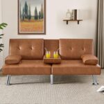 Yaheetech Convertible Sofa Bed Adjustable Couch Sleeper Modern Faux Leather Home Recliner Reversible Loveseat Folding Daybed Guest Bed, Removable Armrests, Cup Holders, 3 Angles, 772lb Capacity, Brown - Image 5