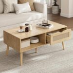 Coffee Table with Storage, Boho Dining Table with Rattan Drawer and Solid Wood Legs, Small Coffee Tables for Living Room, Oak - Image 2