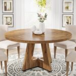 Tribesigns 47 inch Round Dining Table Wood Kitchen Table for Dining Room, 47" Dinner Room Tables for 4-6, Farmhouse Accent Furniture with Wooden Tabletop and Cross Base, Burlywood - Image 2