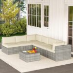 7 Pieces Outdoor Patio Furniture Sets with Glass Tea Table, PE Rattan Wicker Patio Conversation Set with Washable Cushions, Outdoor Patio Sectional Sofa Couch, Beige - Image 8