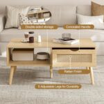 Coffee Table with Storage, Boho Dining Table with Rattan Drawer and Solid Wood Legs, Small Coffee Tables for Living Room, Oak - Image 5