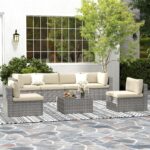 7 Pieces Outdoor Patio Furniture Sets with Glass Tea Table, PE Rattan Wicker Patio Conversation Set with Washable Cushions, Outdoor Patio Sectional Sofa Couch, Beige - Image 2