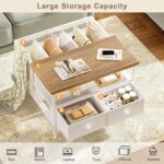 FABATO Flip Top Coffee Table, Square Coffee Table Metal Wood, Farmhouse Lift Up Coffee Tables Cocktail Table with Wire Mesh Barn Door and Storage, Steel Frame, Small Tea Table for Living Room, White - Image 6