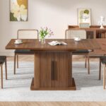 Extendable Dining Room Table for 4-6, 47-65 Inch Rectangle Kitchen Dining Table with Large Storage, Fluted Sliding Door, Expandable Mid Century Modern Dinner Furniture, Living Room, Walnut, Brown - Image 4