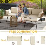 DWVO Patio Furniture Set 3 Piece Outdoor Wicker Conversation Set with Detachable Cushions and Coffee Table L-Shaped Sectional Sofa Set Outdoor Furniture Set for Backyard Porch Deck - Beige - Image 3