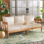 SAFAVIEH Outdoor Collection Owen Natural Teak Solid Wood/Taupe Cushion 3-Seater Sofa - Image 3