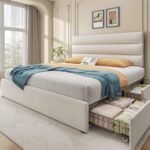 Lifezone Queen Bed Frame with Storage Drawers, Queen Size Platform Bed Frame with Velvet Upholstered Headboard, Metal Support, No Box Spring Needed, Noise-Free, Easy Assembly, Bedroom Furniture, Beige - Image 2