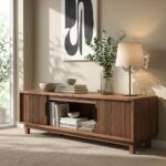 TV Stands for Living Room, 70 Inch Large Entertainment Center Fluted TV Stand with Storage, Boho Media Console Wood Television Table with Cable Management Hole, Walnut - Image 3