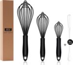 Dishwasher Safe Silicone Whisk, Sealed Waterproof Design Set of 3, Professional Kitchen Whisks for Cooking Non-Scratch, Silicone & Stainless Steel Whisk, Heat Resistant Balloon Egg Beater, Black - Image 2
