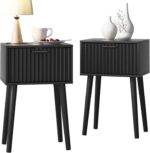 LAATOOREE Nightstands Set of 2, Small Side Table, Bedside Table with Fluted Door, Solid Wood Feet; Modern Mid-Century End Table for Bedroom, Small Space (Black) - Image 2