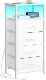 Yoobure Night Stand - LED White Nightstand with Charging Station, Bedside Table with 4 Storage Drawers and Storage Shelf, End Table with USB Ports and Outlets, Tall Dresser for Bedroom - Image 2