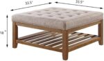 24KF Large Square Upholstered Tufted Linen Ottoman Coffee Table, Large Footrest Ottoman with Solid Wood Shelf-Linen - Image 3