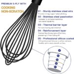 Dishwasher Safe Silicone Whisk, Sealed Waterproof Design Set of 3, Professional Kitchen Whisks for Cooking Non-Scratch, Silicone & Stainless Steel Whisk, Heat Resistant Balloon Egg Beater, Black - Image 4