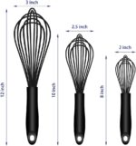 Dishwasher Safe Silicone Whisk, Sealed Waterproof Design Set of 3, Professional Kitchen Whisks for Cooking Non-Scratch, Silicone & Stainless Steel Whisk, Heat Resistant Balloon Egg Beater, Black - Image 7