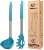 Silicone Pasta Fork and Ladle Spoon Set, Large Non Stick Kitchen Utensils for Cooking,Stirring,Serving Spaghetti, Soup, Sauce (BLUE) - Image 2