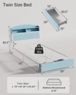 Wooden Twin Bed Frame with Smart Storage Headboard & Drawer, 3-in-1 USB Charging Station, No Box Spring Required, Non-Slip Design, Perfect for Kids, Teens, or Guest Room (Blue & White) - Image 3