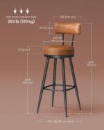 VASAGLE EKHO Collection - Bar Stools Set of 2, Swivel Bar Height Bar Stools with Back, Synthetic Leather with Stitching, Mid-Century Modern, 30-Inch Tall Barstools for Kitchen Home Bar, Caramel Brown - Image 3