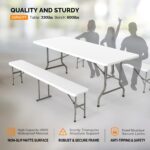 VINGLI Picnic Table Set with 2 Benches, 6 Feet Camping Table Chair Set,3-Piece Folding Furniture for Indoor or Outdoor Use, Smooth Tabletop, White - Image 4