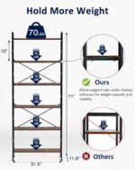 6-Tier Adjustable Tall Bookcase, Rustic Wood and Metal Standing Bookshelf, Industrial Vintage Book Shelf Unit, Open Back Modern Office Bookcases - Image 3