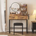 Vabches Makeup Vanity Desk with Round Mirror and Lights, Vanity Makeup Table with 2 Drawers, Small Vanity Table for Bedroom with Lots Storage (Brown with Charging, 15.75 * 31.5 * 53.6in) - Image 2