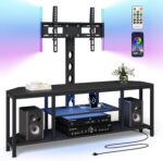 Corner TV Stand with Mount LED - Universal TV Mount Stand for 32-65" TV, Height Adjustable Swivel TV Console Wood & Steel Entertainment Center with Mount, Cabinet, Power Outlet, Colorful Light, Black - Image 2