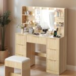 VINGLI Fluted Makeup Vanity Desk with Mirror & Lights & Power Outlet, Small Vanity Table w/ 7 Drawers & 4 Storage Shelves,Oak Modern Dressing Table Set Charging Station for Bedroom - Image 2