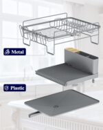 Kitsure Extendable Dish Drying Rack, Large Drying Dish Rack with Cutlery & Cup Holders, Multifunctional Dish Racks for Counter with Drainage, 18.2"-25.7" L x 12.9" W, Grey - Image 5