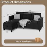 JAMFLY Convertible Sectional Couches for Living Room, L-Shaped Couch 3 Seat Sectional Sofa Set with Corduroy Fabric and Movable Ottoman Small Couch for Apartments, Office(Black) - Image 3