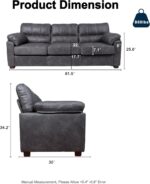 Ribilake 80 Inch Dark Grey Faux Leather Sofa Couch - Wide Armrests with 2 Pillows, Deep Seats, Contrast Stitching, 3 Seater Leather Couches for Living Room, Bedroom, Apartment - Image 3