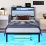 Twin Bed Frames with LED Lights & Charging Station, Metal Platform Frame with Upholstered Headboard, No Box Spring Needed, Noise Free, Easy Assembly - Image 2