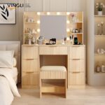 VINGLI Fluted Makeup Vanity Desk with Mirror & Lights & Power Outlet, Small Vanity Table w/ 7 Drawers & 4 Storage Shelves,Oak Modern Dressing Table Set Charging Station for Bedroom - Image 3