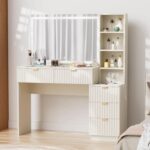 Vanity Desk with Mirror and Lights, Modern Glass Top Makeup Vanity Table with Power Outle 5 Drawers & Adjustable Shelves, 3 Lighting Modes Adjustable Brightness for Bedroom - Image 2