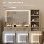 Vanity Desk with Mirror and Lights, Modern Glass Top Makeup Vanity Table with Power Outle 5 Drawers & Adjustable Shelves, 3 Lighting Modes Adjustable Brightness for Bedroom - Image 5