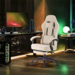 Sweetcrispy Computer Gaming Chair - High Back Ergonomic Desk Chair with Footrest and Lumbar Support, Height Adjustable Task Chair with Linkage Armrests and Headrest, 360°Wheels, Fabric, Khaki - Image 3