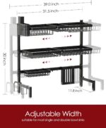 Sakugi Dish Drying Rack - Over The Sink Dish Drainer Drying Rack with Utensil & Knife Holder, Hooks, Stainless Steel Kitchen Organizers and Storage Solution, 11.8" D x 31.5"~39.0''W x 30" H, Black - Image 5