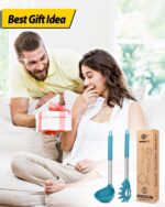 Silicone Pasta Fork and Ladle Spoon Set, Large Non Stick Kitchen Utensils for Cooking,Stirring,Serving Spaghetti, Soup, Sauce (BLUE) - Image 8