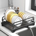 Dish Drying Rack for Kitchen Counter, Large Dish Drying Rack with Utensil Holder & Cutlery Tray, Dish Drainer with Drainboard, Black - Image 2
