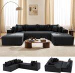 Cloud Couch U-Shaped Sectional Sofa, 134'' Modular Boneless Couches for Living Room, Corduroy Deep Seat Sofa with 2 Chaise Lounges and 1 Loveseat, 30D High-Resilience Foam, No Assembly, Black - Image 2