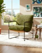 Karl home Modern Accent Chair Plush Fleece Upholstered Living Room Chair with Metal Frame Wooden Armrest Comfy Lounge Armchair for Living Room, Bedroom, Balcony, Reading Room, Green - Image 2