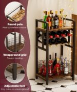 3-Tier Wine Rack Freestanding Floor with Wood Top, Liquor Stand with Wine Bottle Holder, Corner Wine Bar Table for Small Space, Metal Whiskey Shlef for Kitchen, Cellar, Living Room, Black - Image 5