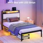 Twin Bed Frames with LED Lights & Charging Station, Metal Platform Frame with Upholstered Headboard, No Box Spring Needed, Noise Free, Easy Assembly - Image 7