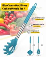 Silicone Pasta Fork and Ladle Spoon Set, Large Non Stick Kitchen Utensils for Cooking,Stirring,Serving Spaghetti, Soup, Sauce (BLUE) - Image 3