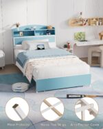 Wooden Twin Bed Frame with Smart Storage Headboard & Drawer, 3-in-1 USB Charging Station, No Box Spring Required, Non-Slip Design, Perfect for Kids, Teens, or Guest Room (Blue & White) - Image 9