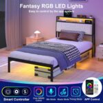 Twin Bed Frames with LED Lights & Charging Station, Metal Platform Frame with Upholstered Headboard, No Box Spring Needed, Noise Free, Easy Assembly - Image 5