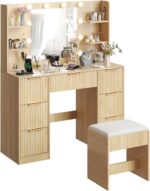 VINGLI Fluted Makeup Vanity Desk with Mirror & Lights & Power Outlet, Small Vanity Table w/ 7 Drawers & 4 Storage Shelves,Oak Modern Dressing Table Set Charging Station for Bedroom - Image 9