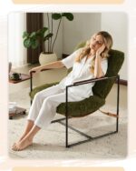 Karl home Modern Accent Chair Plush Fleece Upholstered Living Room Chair with Metal Frame Wooden Armrest Comfy Lounge Armchair for Living Room, Bedroom, Balcony, Reading Room, Green - Image 5